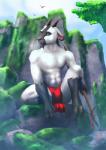 abs anthro biceps bottomwear bulge cliff clothed clothing detailed_background fur horn loincloth male melee_weapon muscular muscular_anthro muscular_male pecs polearm rock solo spear topless tribal weapon werwoz vercursar gregory_klippenspringer bovid caprine goat mammal