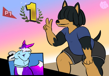 clothing crossed_arms displeased dreadlocks duo gesture hand_gesture hoodie male overweight overweight_male pleased_expression result_screen starry_fur topwear v_sign logtut nintendo super_smash_bros. cosmo_allstar canid canid_taur canine canine_taur canis domestic_dog fox fox_taur mammal mammal_taur taur