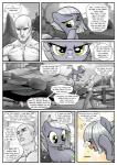 2016 angry anon bald bare_chest blush clothed clothing comic crystal cutie_mark dialogue earth_pony english_text equid equine female feral friendship_is_magic fur grey_body grey_fur grey_hair hair hasbro hi_res horse human innuendo limestone_pie_(mlp) male mammal monochrome muscular muscular_male my_little_pony open_mouth pencils_(artist) pony rock text tsundere yellow_eyes