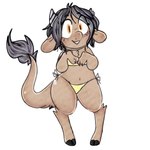 anthro big_tail bikini biped blush broken_horn brown_body brown_fur chest_tuft claws clothed clothing female flat_chested fur grey_hair grey_horn hair hooves horn leg_tuft looking_at_viewer navel orange_eyes polka_dot_bikini polka_dot_clothing polka_dots side-tie_bikini side-tie_clothing side-tie_swimwear simple_background smile solo standing string_bikini swimwear tail tail_tuft teeth tuft two-piece_swimsuit wet_hair white_background yellow_bikini yellow_clothing yellow_swimwear manitka manitka_(character) bovid bovine cattle mammal 1:1 2022 digital_media_(artwork) hi_res