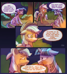 angry cleaning clothing cowboy_hat dialogue duo female feral freckles handkerchief hat headgear headwear horn kerchief plant shrub text tree pixelpub friendship_is_magic hasbro my_little_pony mythology applejack_(mlp) twilight_sparkle_(mlp) earth_pony equid equine horse mammal mythological_creature mythological_equine pony unicorn comic english_text hi_res