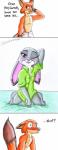 absurd_res anthro bite biting_lip biting_own_lip blush canid canine clothed clothing disney english_text female fox fur gesture hi_res judy_hopps lagomorph leporid male mammal nick_wilde rabbit red_fox self_bite simple_background tail tail_boner tail_gesture text the1king topless true_fox white_background zootopia