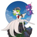 ambiguous_gender chest_spike clothing dress duo green_hair hair hat headgear headwear interview notebook pointy_fingers red_eyes sitting size_difference sky spikes spikes_(anatomy) stubby_legs white_body white_skin beetarp nintendo pokemon generation_6_pokemon generation_7_pokemon humanoid mega_evolution mega_gardevoir poipole pokemon_(species) ultra_beast 1:1