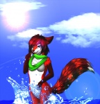anthro blue_eyes breasts canid canine cloud detailed_background featureless_breasts female fluffy fluffy_tail fox fur hair lens_flare mammal one_eye_closed outside pacmancorp red_body red_fur red_hair red_nose scarf sea seascape sky solo sun tail tongue tongue_out water xifox