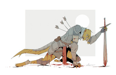 ambiguous_gender anthro armor arrow_(weapon) arrow_in_back barefoot biped blood bodily_fluids clothed clothed_anthro clothing constricted_pupils crawling feet melee_weapon open_mouth pupils ranged_weapon small_pupils solo sword tail weapon wide_eyed wounded yellow_body notglacier noah_(notglacier) avian dinosaur hybrid prehistoric_species reptile scalie 2020 absurd_res digital_drawing_(artwork) digital_media_(artwork) english_description hi_res