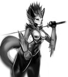 2017 anthro breasts canid canine canis digital_media_(artwork) female genitals mammal melee_weapon monochrome navel nipples nude pussy simple_background sketch solo sword tail thick_thighs watsup weapon white_background wolf