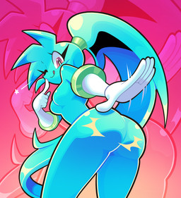 accessory anthro blue_body blue_fur breasts butt butt_slap clothing eyelashes female fur fur_hair gloves gloves_only green_hairband hair hair_accessory hairband handwear handwear_only looking_at_viewer looking_down mostly_nude nude one_eye_closed pink_background pink_eyes ponytail simple_background slap slapping_own_butt slapping_self smile solo star teasing teasing_viewer tongue tongue_out white_clothing white_gloves white_handwear white_sclera wink loulouvz spaicy spaicy_chicross canid canine mammal 2025 digital_drawing_(artwork) digital_media_(artwork) hi_res
