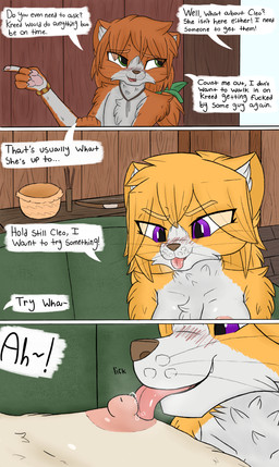 anthro blush breast_lick breast_play breasts chest_tuft claws comic_panel dialogue female female/female fur furniture inner_ear_fluff inside jewelry licking male moan necklace nipple_fetish nipple_lick nipple_play nipples nude nude_female orange_body orange_fur profanity pupils purple_eyes sex slit_pupils sofa sofa_sex text tongue tongue_out tuft whiskers yellow_body yellow_fur lerasmel ari_(lerasmel) cleo_(lerasmel) kreed_(lerasmel) domestic_cat felid feline felis mammal absurd_res comic digital_media_(artwork) english_text hi_res incest_(lore) sibling_(lore) sister_(lore) sisters_(lore)