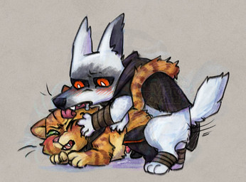 anal anal_penetration anthro blush bodily_fluids boots chibi claws clothing cum cum_while_penetrated doggystyle duo ejaculation facial_markings footwear from_behind_position fur genital_fluids genitals green_eyes head_lick head_markings licking looking_at_another looking_at_partner lying male male/male male_penetrated male_penetrating male_penetrating_male markings mask_(marking) narrowed_eyes obscured_penetration on_front one_eye_closed open_mouth orange_body orange_fur penetration penis poncho questionable_consent red_eyes saliva sex shoes squint tail_around_partner thrust_lines tongue tongue_out white_body white_fur smollco dreamworks puss_in_boots_(franchise) death_(puss_in_boots) puss_in_boots_(dreamworks) canid canine canis domestic_cat felid feline felis mammal tabby_cat wolf