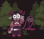 amputated_tail anthro biped blood blood_from_mouth blood_in_mouth bodily_fluids brown_background cosplay curled_horn eyewear female fir_tree glasses grass holding_knife holding_object horn knife looking_at_viewer open_mouth pinching_cheeks plant round_glasses scales scaly_tail simple_background solo tail wearing_glasses chimeracauldron yume_nikki joan?_(chimeracauldron) bovid caprine chimera ghost mammal spirit 2025 digital_media_(artwork) digital_painting_(artwork) painting_(artwork) trans_(lore) trans_woman_(lore)