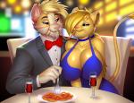 alcohol anthro beverage big_breasts black_tie_(suit) blonde_hair blue_clothing blue_dress blue_eyes bow_tie breasts cleavage clothed clothing curvy_figure date detailed_background dress duo eyelashes fangs female food fur furniture hair huge_breasts long_hair male male/female pasta public restaurant romantic romantic_ambiance romantic_couple romantic_dinner sabertooth_(anatomy) sitting smile spaghetti suit table teeth voluptuous wine pak009 kristy_winters_(lildredre) felid feline lion mammal pantherine 2020 digital_media_(artwork) hi_res