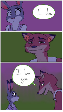 anthro clothing dialogue dipstick_ears duo ear_markings ears_up female fur green_eyes grey_body grey_fur heart_symbol male multicolored_ears open_mouth orange_body orange_fur purple_eyes shirt simple_background speech_bubble teeth text three_frame_image topwear undershirt hahstudios disney zootopia judy_hopps nick_wilde canid canine european_rabbit fox lagomorph leporid mammal oryctolagus rabbit red_fox true_fox comic english_description english_text