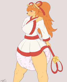 anthro big_diaper blush clean_diaper diaper female print_diaper side_view solo staff standing steelshark undertale_(series) undertale_yellow ceroba_ketsukane canid canine fox mammal 2025 absurd_res hi_res
