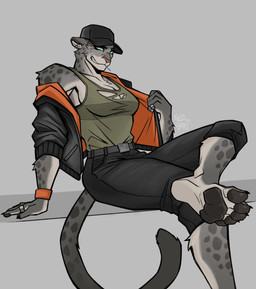 anthro baseball_cap biting_on_toothpick black_pawpads bottomwear breasts clothed clothing denim denim_bottomwear denim_clothing feet female fur green_sclera grey_background grey_body grey_fur grey_spots half-closed_eyes hat headgear headwear humanoid_feet jacket jeans markings narrowed_eyes open_clothing open_jacket open_topwear pants pawpads paws plantigrade ring shirt simple_background smile smirk smug smug_face smug_grin solo spots spotted_body spotted_fur spotted_markings tail tank_top toothpick topwear wristband hell_oart dreamworks the_bad_guys kitty_kat_(the_bad_guys) felid mammal pantherine snow_leopard hi_res