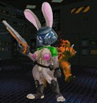 anthro armor belt breasts clothing duo female genitals gloves gun handwear headgear helmet nipples pussy ranged_weapon solo super_shotgun weapon eifiemoth disney doom_(series) id_software microsoft zootopia doom_slayer judy_hopps imp_(doom) lagomorph leporid mammal monster rabbit crossover hi_res