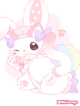 anthro bell blush bodily_fluids body_blush bow_ribbon brown_eyes butt buttplug buttplug_tail clothing fake_ears fake_tail female fluffy fluffy_tail fur genital_fluids genitals gradient_background heart_symbol long_ears multicolored_tail one_eye_closed panties paw_mitts pawpads paws pink_pawpads pink_vulva plug_(sex_toy) rear_view sex_toy simple_background smile smiling_at_viewer tail underwear vaginal_fluids vulva vulva_blush white_body white_fur yellow_nose nakimayo sanrio wish_me_mell mell lagomorph leporid mammal rabbit 3:4 digital_drawing_(artwork) digital_media_(artwork) hi_res