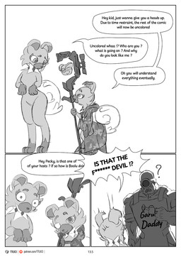 anthro cloak clothing dialogue female male nude pokeball scared size_difference text ttux3 nintendo pokemon pokemon_khronull pecky_(ttux3) son_of_azelf_(ttux3) vee_(ttux3) generation_7_pokemon human humanoid mammal pokemon_(species) rockruff comic english_text hi_res url adult_(lore)
