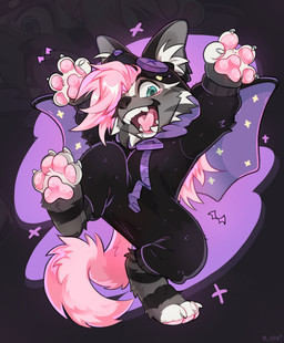 ambiguous_gender anthro barefoot claws clothing digitigrade fangs feet finger_claws fur grey_body grey_fur inner_ear_fluff kigurumi looking_at_viewer multicolored_body multicolored_fur onesie open_mouth pawpads paws sharp_teeth smile smiling_at_viewer solo tail teeth text three-quarter_view toe_claws tuft white_body white_fur white_tail mr_aiden hyena mammal striped_hyena artist_name character_request digital_drawing_(artwork) digital_media_(artwork) full-length_portrait hi_res portrait