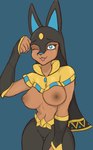 anthro areola big_breasts blue_eyes breasts brown_areola brown_body brown_nipples female fingers hand_on_leg nipples pose puffy_nipples smile solo axellurx palworld pocketpair anubian_jackal anubis_(pal) canid canine canis jackal mammal pal_(species) 2024 absurd_res digital_media_(artwork) hi_res