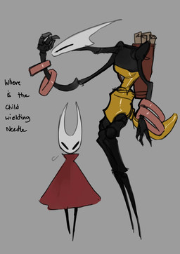 anthro arthropod_abdomen bare_shoulders black_body black_eyes bracelet cloak clothing dialogue duo empty_eyes exoskeleton female grey_background jewelry larger_female leotard long_neck looking_around looking_for_someone narrowed_eyes red_cloak red_clothing segmented_arms segmented_body segmented_legs segmented_neck simple_background size_difference small_waist smaller_female strapless_clothing strapless_leotard text white_head yellow_clothing yellow_leotard kaiartis hollow_knight:_silksong hollow_knight_(franchise) team_cherry where_is_chiikawa? hornet_(hollow_knight) shakra_(hollow_knight:_silksong) arthropod 2025 english_text hi_res
