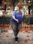 anthro autumn autumn_leaves bent_arm black_clothing black_footwear black_shoes blue_clothing blue_eyes blue_shirt blue_t-shirt blue_topwear breasts candy clothed clothing dessert ear_tuft eyelashes falling_leaves female food footwear fully_clothed fully_clothed_female fur gate green_hair hair hair_up highlights_(coloring) holding_candy holding_food holding_lollipop holding_object lollipop nails orange_hair park pink_nose plant public shirt shoe_laces shoes slightly_chubby slightly_chubby_female solo split_color split_color_hair t-shirt tail tail_tuft thick_thighs tied_hair topwear tree tuft white_body white_fur wide_hips raksz manna-mint avian bird canid canine canis columbid domestic_dog mammal pigeon poodle hi_res painting_(artwork) traditional_media_(artwork)