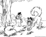 duo female feral fur grass hair male plant shrub sitting tongue tongue_out tree deonwolf deon_(deonwolf) ruby_(deonwolf) canid canine canis fox mammal wolf 2010 digital_media_(artwork) line_art monochrome