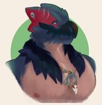 abs accessory anthro blue_eyes ear_accessory feathers jewelry male necklace nipples scar scar_on_ear solo lacsap_tong capcom monster_hunter mythology prowler_(game) fan_character kahuri_(oc) dusk_prowler flying_wyvern mythological_creature mythological_scalie nargacuga scalie hi_res