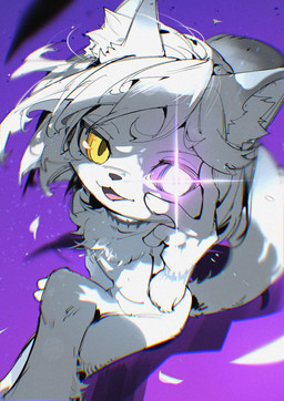 ambiguous_gender anthro arm_markings biped black_markings crossed_legs front_view fur glowing_pupils hair high-angle_view inner_ear_fluff looking_at_viewer markings monotone_body monotone_fur neck_markings neck_tuft nude nude_ambiguous nude_anthro open_mouth open_smile pose pupils purple_background purple_eyes ringed_iris simple_background sitting slit_pupils smile smiling_at_viewer solo tail tuft white_body white_fur white_hair white_inner_ear white_inner_ear_fluff white_sclera yellow_eyes chiayeeee felid mammal 2026 chromatic_aberration colored digital_drawing_(artwork) digital_media_(artwork) full-length_portrait hi_res portrait signature