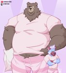 anthro belly brown_body brown_fur clothing duo facial_scar fur male missing_eye overweight pajama_pants pajamas pillow scar size_difference stompsyeen mihoyo zenless_zone_zero ben_bigger bear hyena mammal absurd_res hi_res