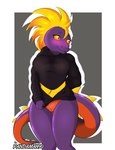 anthro big_breasts blush bottomless breasts clothed clothing embarrassed female genitals hoodie hoodie_only looking_away pussy simple_background solo standing tail topwear topwear_only pandazar palworld pocketpair leezpunk lizard pal_(species) reptile scalie 2024 digital_media_(artwork)