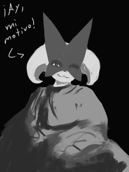 clothed clothing looking_at_viewer one_eye_closed smile solo text wink halfbaked-hope nintendo pokemon generation_9_pokemon meowscarada pokemon_(species) 2025 3:4 absurd_res digital_media_(artwork) digital_painting_(artwork) grey_theme hi_res monochrome painting_(artwork) sketch spanish_text unfinished