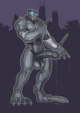 5_fingers areola balls bodily_fluids claws erection fingers genital_fluids genitals glowing glowing_eyes grey_body long_claws machine male muscular nipple_piercing nipples pawpads paws penis piercing precum simple_background smile solo what_has_science_done longblueclaw fallout microsoft humanoid robot 2017 digital_media_(artwork) hi_res