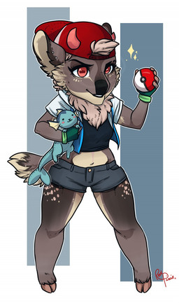 anthro clothed clothing female fur hair hat headgear headwear holding_object holding_pokeball horizontal_pupils plushie pokeball pupils smile solo standard_pokeball standing teeth redpixie nintendo pokemon deer eeveelution generation_1_pokemon mammal pokemon_(species) vaporeon hi_res
