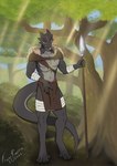 anthro black_body clothed clothing forest fur_coat male markings melee_weapon partially_clothed plant polearm solo spear tongue tongue_out tree weapon flare_raptor nebula's_civilization lakrak lizard lizardman reptile scalie absurd_res hi_res