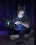 2018 4_toes 5_fingers absurd_res anthro barefoot black_nose blue_eyes bottomwear c_plus_plus canid canine canis claws clothed clothing computer detailed_background digital_media_(artwork) electronics feet fingers fur gentoo git_(software) grey_body grey_fur hacker hi_res laptop llvm looking_away male mammal multicolored_body multicolored_fur mythological_canine mythological_creature mythology openssh pants python_(programming_language) rakan shirt sitting solo toe_claws toes topwear were werecanid werecanine werewolf whiskers white_body white_fur wolf wolnir