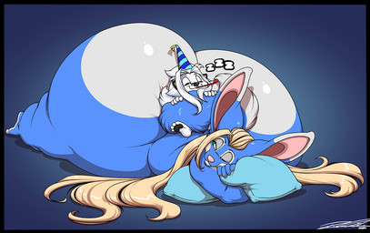 anthro big_butt blonde_hair blue_body blue_eyes blue_fur butt clothing duo eyes_closed fur hair hat headgear headwear huge_butt huge_thighs hyper hyper_butt male multicolored_body multicolored_fur party_hat party_horn party_horn_in_mouth pillow sleeping thick_thighs two_tone_body two_tone_fur white_body white_fur white_hair deonwolf aero_vonheart deon_(deonwolf) canid canine canis fennec_fox fox mammal true_fox wolf 2024 digital_media_(artwork)
