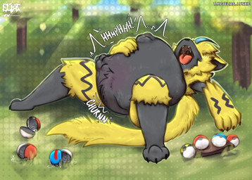 abdominal_bulge anthro belly belly_blush bent_legs big_belly black_nose blurred_background blush bodily_fluids body_blush digestion fur great_ball grey_body grey_fur hand_imprint hand_on_belly hand_on_own_belly huge_belly humanoid_hands hyper hyper_belly imprint lying lying_on_ground male on_back on_ground onomatopoeia open_mouth outside pink_tongue pokeball rumbling_stomach saliva saliva_string solo sound_effects spread_legs spreading tail text tongue ultra_ball vore yellow_body yellow_fur eliaslynxie nintendo pokemon generation_7_pokemon legendary_pokemon pokemon_(species) zeraora absurd_res hi_res