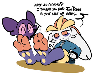 3_toes anthro anthro_on_anthro barefoot blue_clothing blue_coat blue_topwear clothing coat dialogue dirty_talk duo feet female foot_fetish foot_focus fur hindpaw humanoid_feet long_ears male male/female multicolored_body multicolored_fur pawpads paws plantigrade presenting purple_body purple_skin red_eyes simple_background soles text toes topwear white_background white_body white_ears white_fur thefablednekos nintendo pokemon cinderace generation_3_pokemon generation_8_pokemon pokemon_(species) sableye 2023 digital_media_(artwork) english_text hi_res