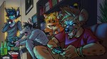 alcohol anthro beverage controller electronics game_controller group inside male male/male open_mouth party television nightowl alien_(franchise) canid canine felid hyena mammal murid murine rat rodent hi_res