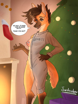 anthro areola barbell_piercing breasts christmas_present clothed clothing eyelashes female fur gift hair happy holidays long_eyelashes multiple_piercings nipple_piercing nipples one_breast_out piercing small_waist smile solo tail talking_to_another teeth_showing text tomboy tuft white_body white_fur wide_hips javshadow brooklyn_sweater christmas brooke_(javshadow) canid canine mammal maned_wolf 3:4 absurd_res digital_media_(artwork) english_text hi_res