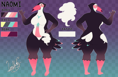 3_toes 5_fingers abs anthro arms_bent beak belly belly_markings big_breasts big_butt black_tail blue_eyes blue_fingernails blue_markings blue_nails blue_tail_tip breasts butt checkered checkered_background chest_markings closed_beak closed_smile color_swatch colored_nails dipstick_tail eyelashes feathers featureless_breasts featureless_crotch feet female female_anthro fingernails fingers gradient_background hand_on_hip hand_on_own_hip leg_tattoo markings mouth_closed multicolored_body multicolored_feathers multicolored_tail nails non-mammal_breasts nude nude_anthro nude_female outline pattern_background pink_beak pink_fingernails pink_markings pink_nails pink_pupils pink_tail_tip pupils scuted_legs scutes simple_background smile solo spelling_error standing straight_legs tail tail_feathers tail_markings tattoo text thick_thighs thigh_tattoo toes turnaround white_body white_feathers white_outline wide_hips yellow_sclera lyratrchubby naomi_(ghijo9) avian bird toucan 2024 artist_name character_name digital_drawing_(artwork) digital_media_(artwork) english_description english_text flat_colors hi_res model_sheet