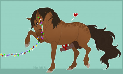 animal_genitalia animal_penis balls blue_eyes bow_ribbon bridle brown_body brown_hair brown_tail christmas_decorations christmas_lights equine_genitalia equine_penis erection feral genitals hair halter heart_symbol holidays hooves lights looking_at_viewer male penis raised_leg reins solo tail huskii-s christmas dolero equid equine horse mammal 2021 digital_media_(artwork)