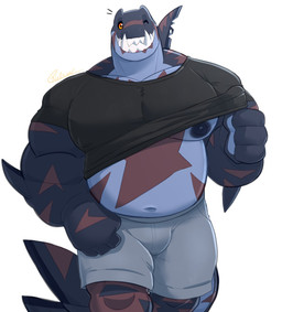 anthro big_nipples black_clothing black_nipples black_sclera black_shirt black_topwear bottomwear bulge clothed clothing clothing_lift dorsal_fin elbow_fin fangs fin front_view gesture grey_body hand_gesture looking_at_viewer male musclegut muscular navel nipples non-mammal_navel non-mammal_nipples one_eye_closed orange_eyes pecs scar scars_all_over shirt shirt_lift shorts simple_background solo teeth thumbs_up tight_clothing tight_shirt tight_topwear toothy_grin topwear white_background wink winking_at_viewer same22shark nelson_(same22shark) aquatic fish shark 2022 digital_media_(artwork) hi_res portrait signature three-quarter_portrait