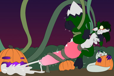 animal_genitalia animal_penis anthro balls bdsm big_penis blue_eyes blush blush_lines bodily_fluids bondage bound canine_genitalia canine_penis claws cum cumshot digitigrade dipstick_tail duo ejaculation erection excessive_cum excessive_genital_fluids food fruit fur genital_fluids genitals green_body green_fur hair holidays huge_penis hyper hyper_genitalia hyper_penis jack-o'-lantern knot knot_grab knot_root knot_root_grab knot_tugging knotted_penis knotting looking_at_another looking_surprised male markings penis pink_penis plant ponytail pumpkin purple_glow raised_leg tail tail_markings tapering_tail tentacles throbbing throbbing_knot throbbing_penis vine_bondage vine_tentacles white_body white_fur yellow_eyes icedragondee_(artist) halloween mythology yttri_(icedragondee) zerofox canid canine dragon fox mammal mythological_creature mythological_scalie red_fox scalie true_fox 3:2 absurd_res hi_res