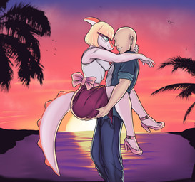 anthro bald beach blonde_hair bottomwear carrying_another carrying_partner clothing denim denim_bottomwear denim_clothing detailed_background duo eyewear feet female footwear glasses hair high_heels hug jacket jeans light-skinned_male light_body light_skin long_tail male male/female multicolored_body multicolored_scales orange_body orange_scales outside pants scales sea seaside shirt shoes short_hair skirt smile snout spikes spikes_(anatomy) sunset tail tan_body tan_scales tank_top teal_eyes toes topwear two_tone_body two_tone_scales water deadassspider cavemanon_studios goodbye_volcano_high ko_op_(game_developer) snoot_game anon_(snoot_game) naomi_(gvh) dinosaur hadrosaurid human mammal ornithischian ornithopod parasaurolophus prehistoric_species reptile scalie 2022 digital_drawing_(artwork) digital_media_(artwork) hi_res