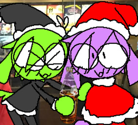 :3 >_< anthro black_clothing black_dress black_hat black_headwear christmas_clothing christmas_headwear clothing dress duo eyes_closed female fur green_body green_fur green_tail hair hat headgear headwear holidays photo_background purple_body purple_fur purple_hair santa_hat tail bravobunny christmas bravo_(bravobunny) lagomorph leporid mammal rabbit aliasing digital_media_(artwork) mixed_media photography_(artwork)