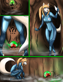 alternate_species bodysuit bounty_hunter butt cave clothing female furrification glowing interrobang rear_view science_fiction skinsuit surprised text tight_clothing zero_suit mynth metroid nintendo fox_samus_aran samus_aran alien canid canine fox mammal metroid_(species) absurd_res comic hi_res