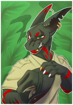 anthro claws clothed clothing ear_piercing fangs feathers finger_claws gold_(metal) half-closed_eyes hat headgear headwear looking_at_viewer male markings multicolored_body multicolored_eyes narrowed_eyes piercing red_markings ring_piercing scales simple_background smile smirk solo tan_clothing tan_shirt tan_topwear teeth text topwear hoshka digital_drawing_(artwork) digital_media_(artwork) english_text hi_res