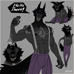 abs anthro biped black_body black_fur black_nipples claws clothed clothing dialogue eyeless feral finger_claws fur greeting grey_background grey_body grey_fur male muscular muscular_anthro muscular_male nipples pecs sharp_teeth simple_background sitting solo speech_bubble suspenders teeth text topless topless_anthro topless_male white_body white_fur amon-sydonai void_(amon-sydonai) canid canine mammal 1:1 2025 digital_media_(artwork) english_text hi_res