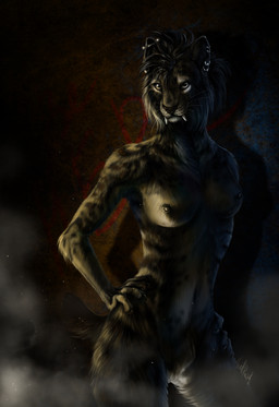 animal_genitalia anthro areola balls black_body black_fur black_nose breasts ear_piercing ear_ring fully_sheathed fur genitals gynomorph intersex nipples piercing ring_piercing sheath solo wolfroad felid feline mammal 2015 absurd_res digital_media_(artwork) hi_res